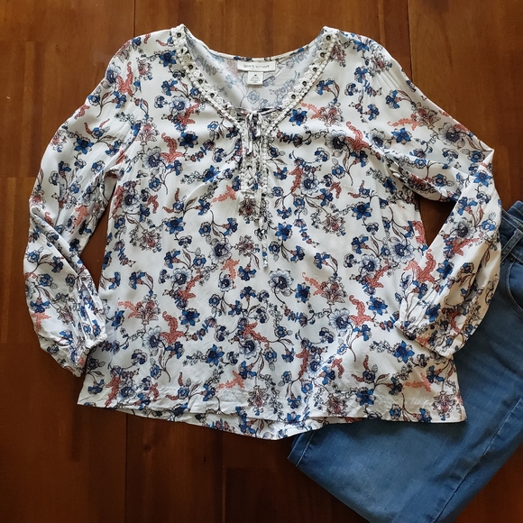 Skye's the Limit Tops - Skye's the Limit White Orange & Blue Blouse